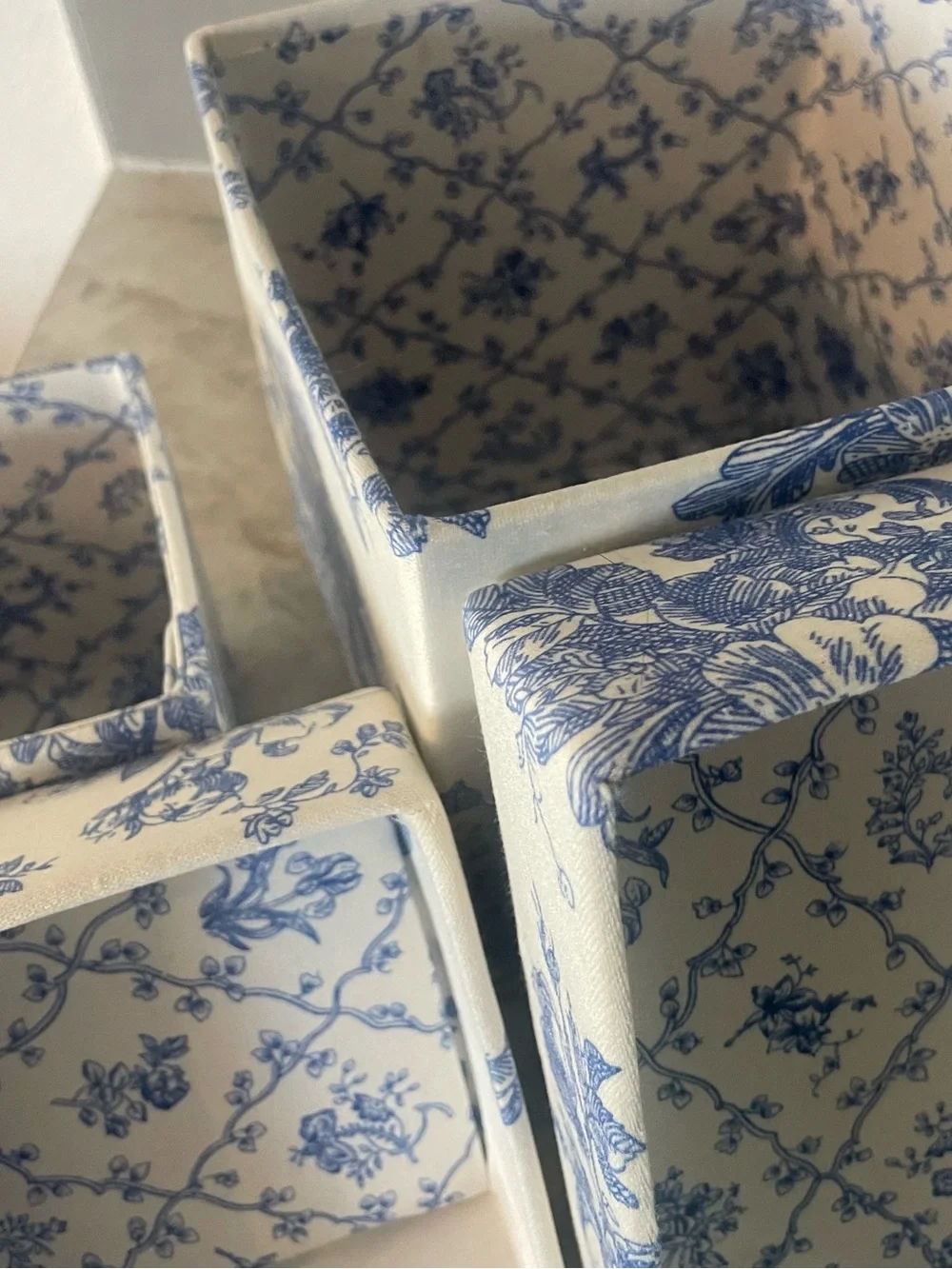Blue Floral Decorative Storage Boxes with Tassels - Home Accents